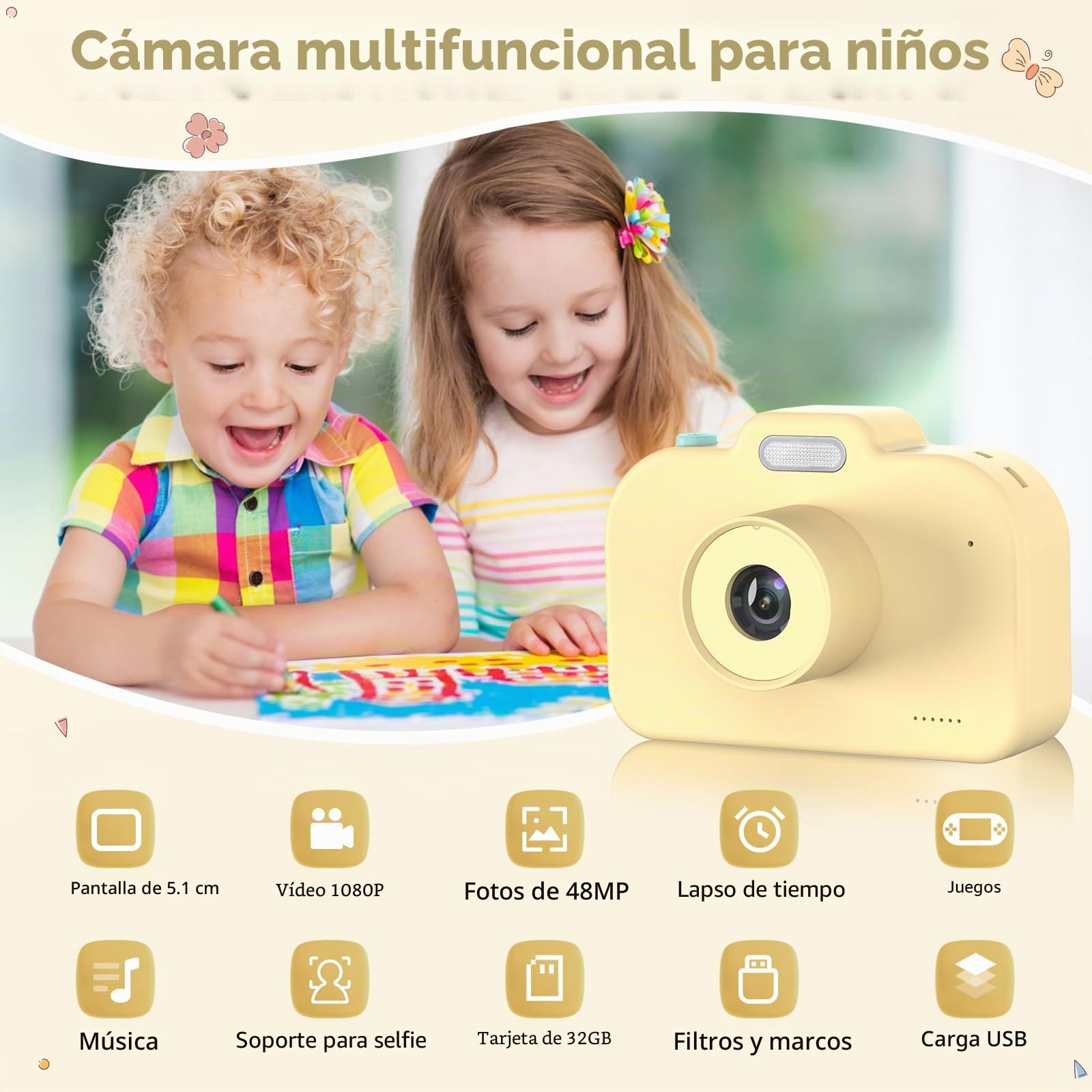 Cámara Fotos Infantil, 1080P HD Cámara Digital para Niños, 2,0" Camara de Fotos con Tarjeta de 32 GB, Regalos para Cumpleaños de Navidad, Juguete para Niñas Niños 3 4 5 6 7 8 9 10 11 12(Amarillo)