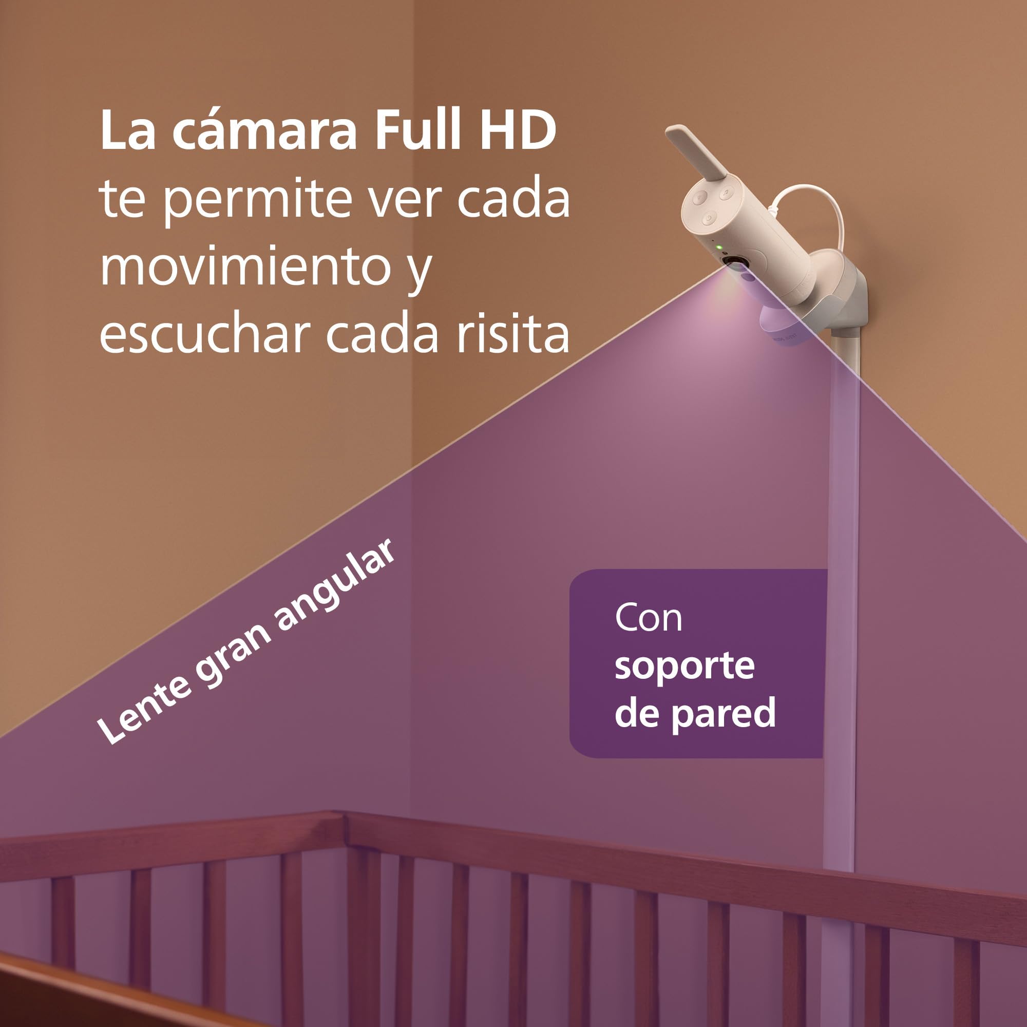 PHILIPS Avent Vigilabebés Premium con App - Cámara HD de 1080 píxeles, Seguimiento del sueño y la respiración con IA, traducción del llanto, Certificado DEKRA, Montaje en Pared, SCD974/26
