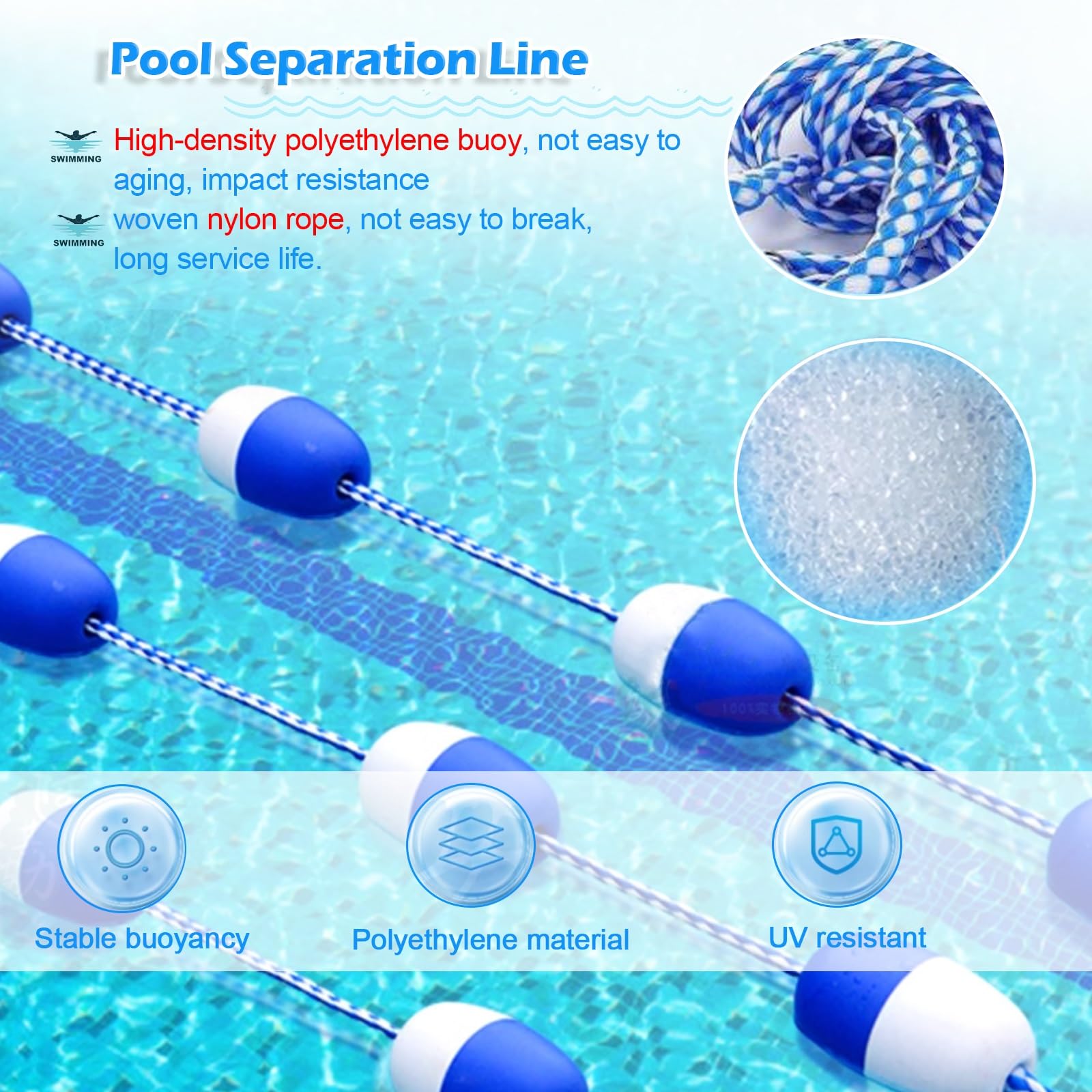 Schwimmendes Bahntrenner-Set für Schwimmbecken mit Bojen, strapazierfähiger Sicherheitsleine für Schwimmtraining und Bahnmarkierung(30m,One Size)