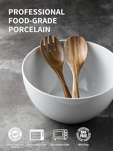 Miniatura 3 de LAUCHUH Tazón de porcelana de 5 cuartos con tapa, cuenco profundo extra grande de 10.7 pulgadas con cuchara y tenedor para mezclar ensalada,