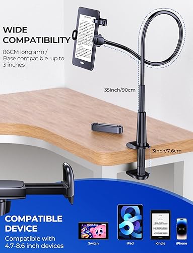 Miniatura 2 de Soporte de cuello de cisne con girador de páginas para Kindle soporte de brazo de cama ajustable para lectura manos libres, accesorios Kindle y