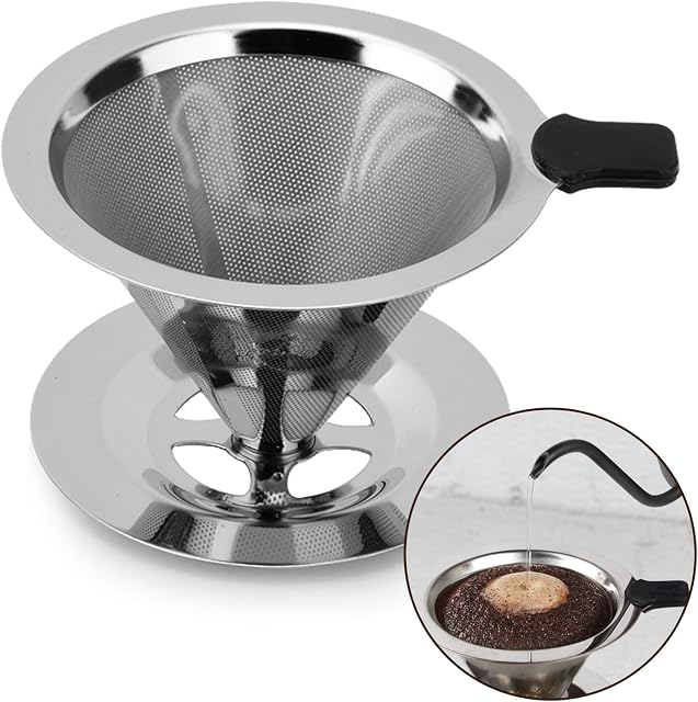 Kerry Coffee Filter, Reusable Stainless Steel Mesh Dripper, Permanent Pour Over Coffee Dripper, Paperless Drip Cone Coffee Filter with Holder Kitchen Tools for Manual Coffee Maker, 1-3 Cups