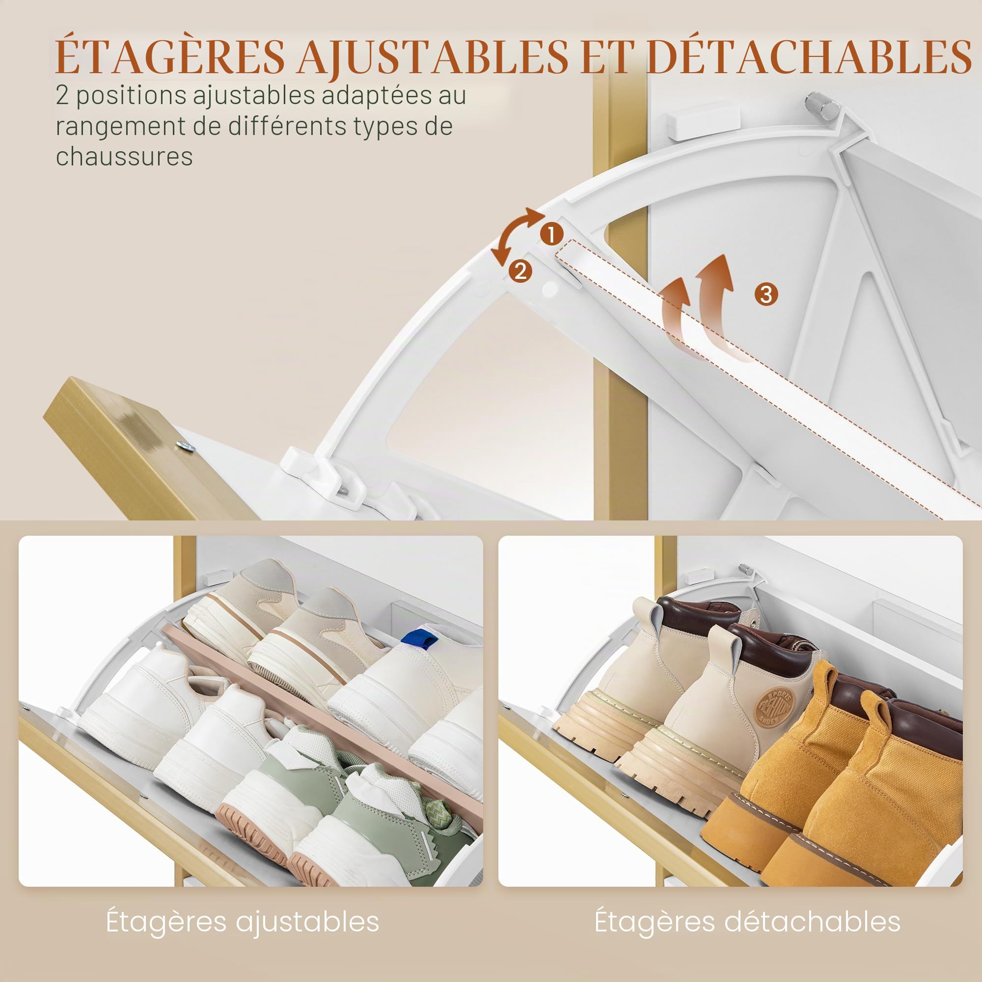 HEXCELEN Meuble à Chaussures avec 3 Battants, 18 à 24 Paire, Blanc-Or | Étroit Étagère à Chaussures avec Tiroir, Meuble à Chaussure, Séparateur Réglables, pour Couloir, Entrée, 80 x 24 x 137,5 cm