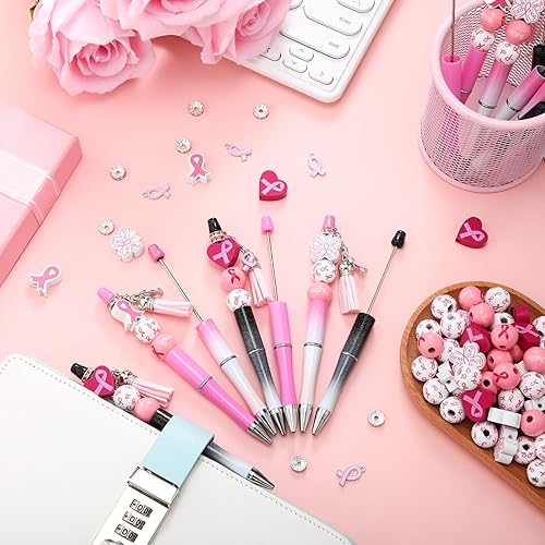 Miniatura 5 de Colarr 60 bolígrafos de cinta rosa para concientización sobre el cáncer de mama, artículos a granel, bolígrafos de plástico con cuentas, bolígrafos