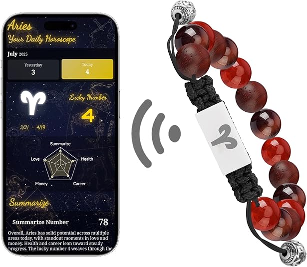 NFC Zodiac Bracelet Aries with Real-Time Daily Horoscope - Personalized Astrology Birthstone Jewelry, Adjustable Knot Design for All 12 Zodiac Signs, Spiritual Gift for Women & Men