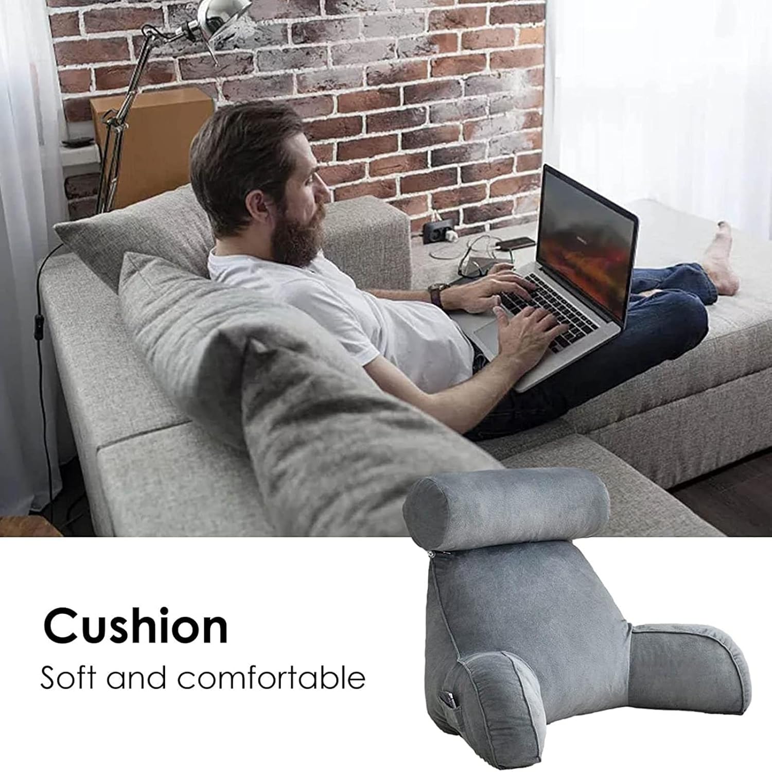 Soft Bed Rest Reading Pillow with Neck/Arm Support, Shredded Memory Foam Bed Rest Pillow Back Lumbar Support Cushion for Reading Watching TV Gaming(Gray)