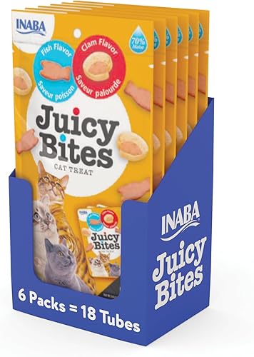 INABA Juicy Bites, golosinas húmedas y masticables para gatos con vitamina E y extracto de té verde, 0.4 onzas por bolsa, 18 bolsas (3 por bolsa),