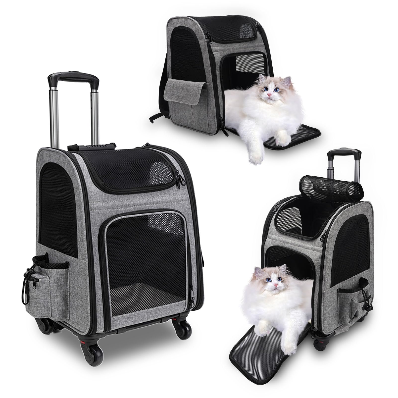 Mochila transportín para gatos con ruedas, apta para perros y gatos de hasta 15 kg, ideal para paseos, viajes y visitas al veterinario