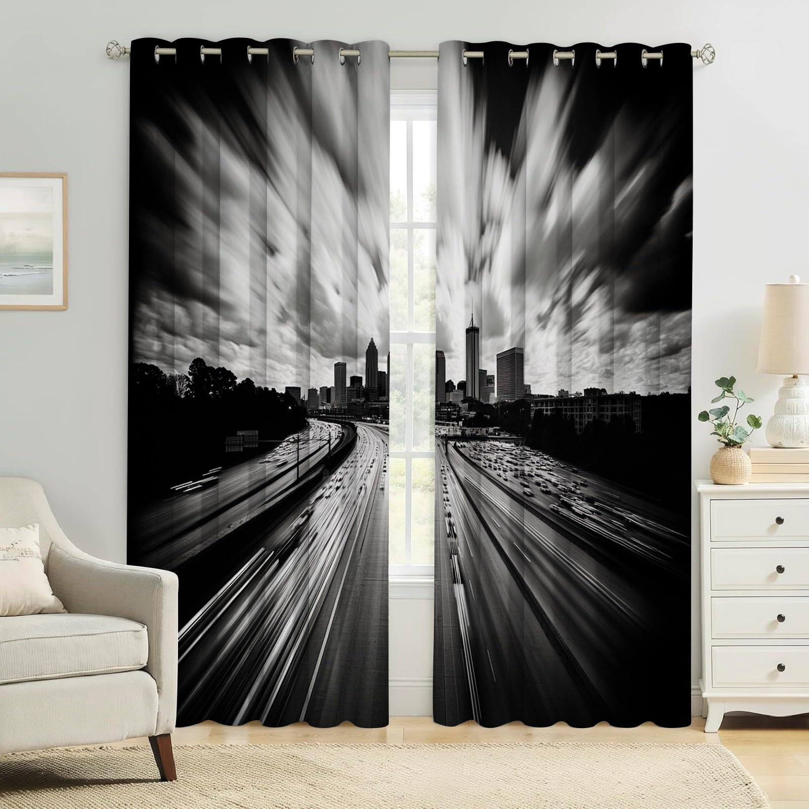 Grau Thermovorhänge Blickdicht H175 x B140 cm Stadtautobahn Verdunkelung mit Ösen, Energiespar Gardinen Kälteschutz für Schlafzimmer Wohnzimmer, 2er Set