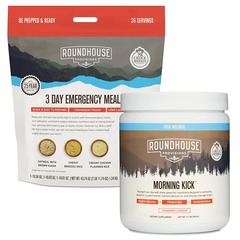 ROUNDHOUSE PROVISION Kit de Refeições de Emergência com Morning Kick, probióticos, ashwagandha e colágeno, 1,498 kg