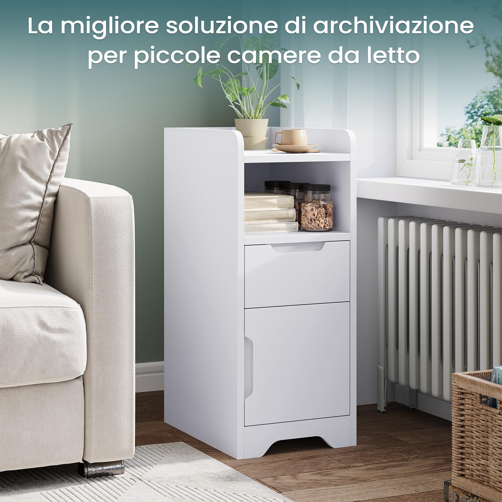 Brinlawb Comodino stretto, comodino con 1 scomparto aperto, 1 cassetto e 1 armadio con anta, tavolino sottile per soggiorno, camera da letto, perfetto per piccoli angoli, bianco
