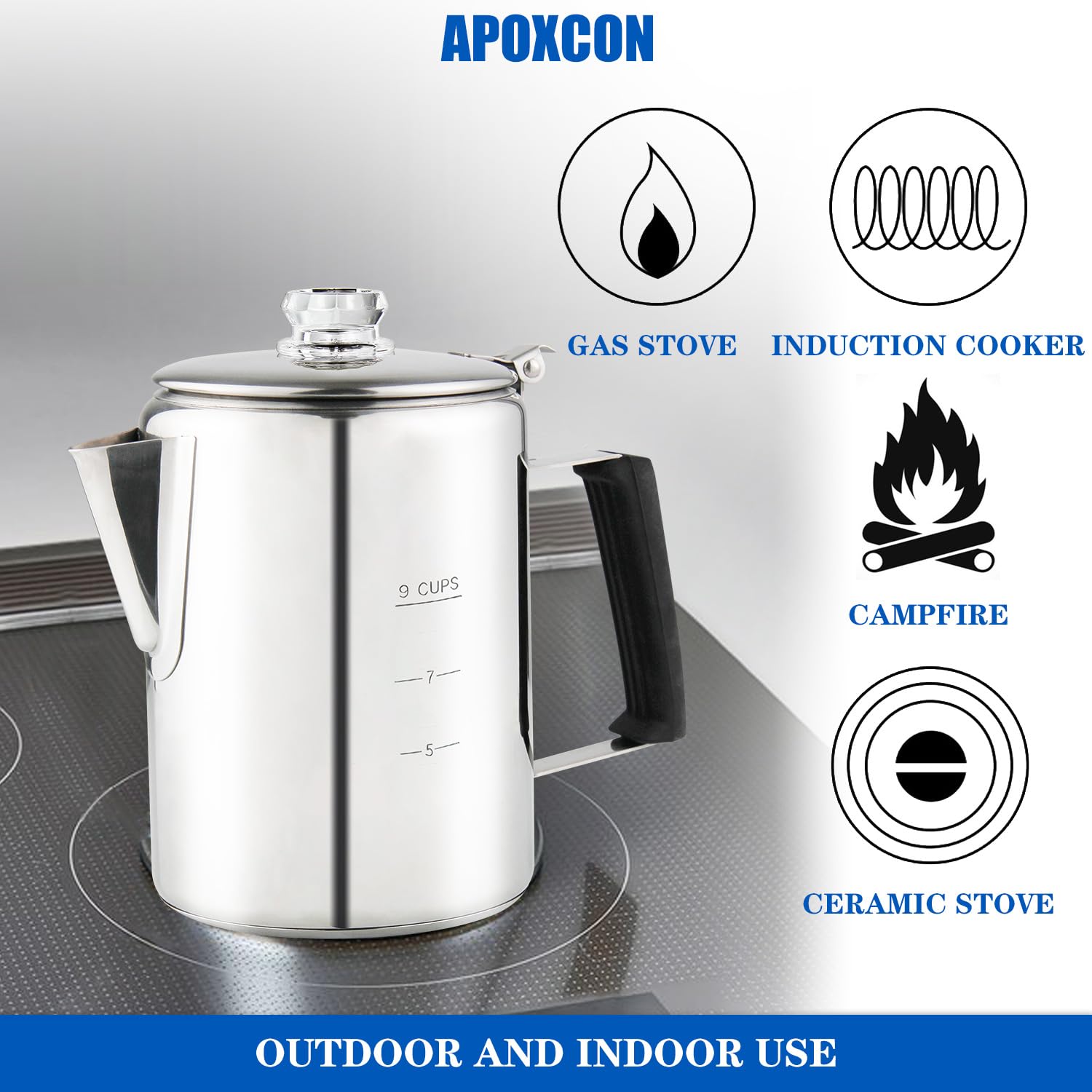 APOXCON Edelstahl-Kaffeemaschine mit hitzebeständigem, robustem Glasdeckel und Silikagriff, Camping-Kaffeekanne für Lagerfeuer – 9 Tassen