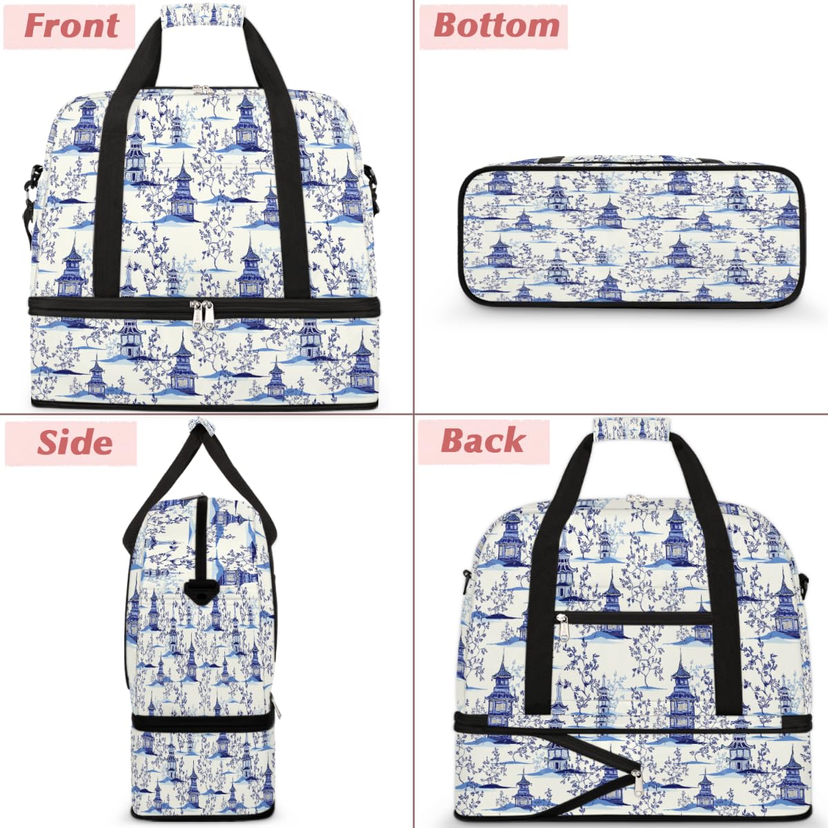 Bolsa de viaje vintage japonesa con pagodas de tinta azul para mujeres y hombres, estampado japonés, bolsas de fin de semana, bolsas plegables separadas para húmedos, bolsa de 47 L para deportes,