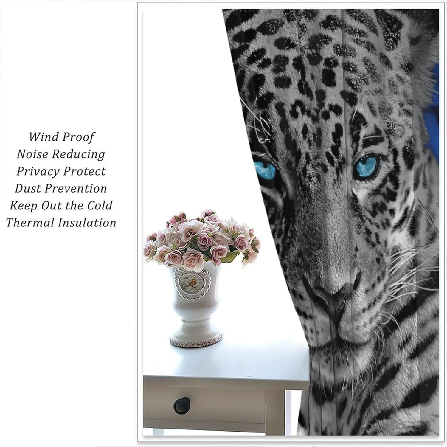 Leopard and Blue Rose Curtains Romantic Floral Wildlife Wild Animal Curtain with Rod Pocket for Bedroom Living Room Home Decor Drapes Window Treatments 2 Panels Set 42" W X 45" L