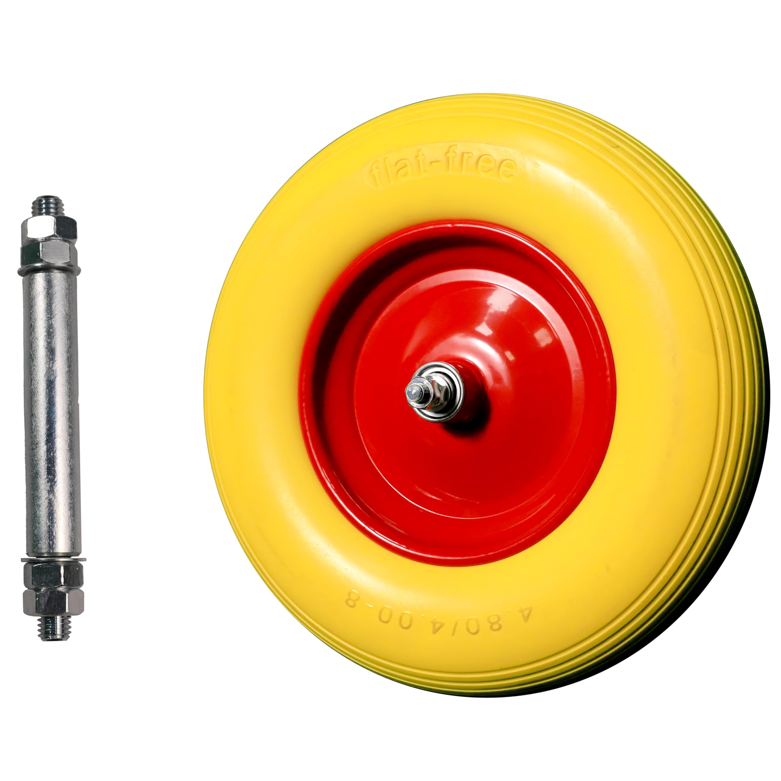 Roue de brouette en caoutchouc PU avec essieu, charge maximale 200 kg, 4.80/4.00-8, roue en caoutchouc anti-crevaison, pneu avec jante en acier, diamètre 390 mm, jaune/rouge