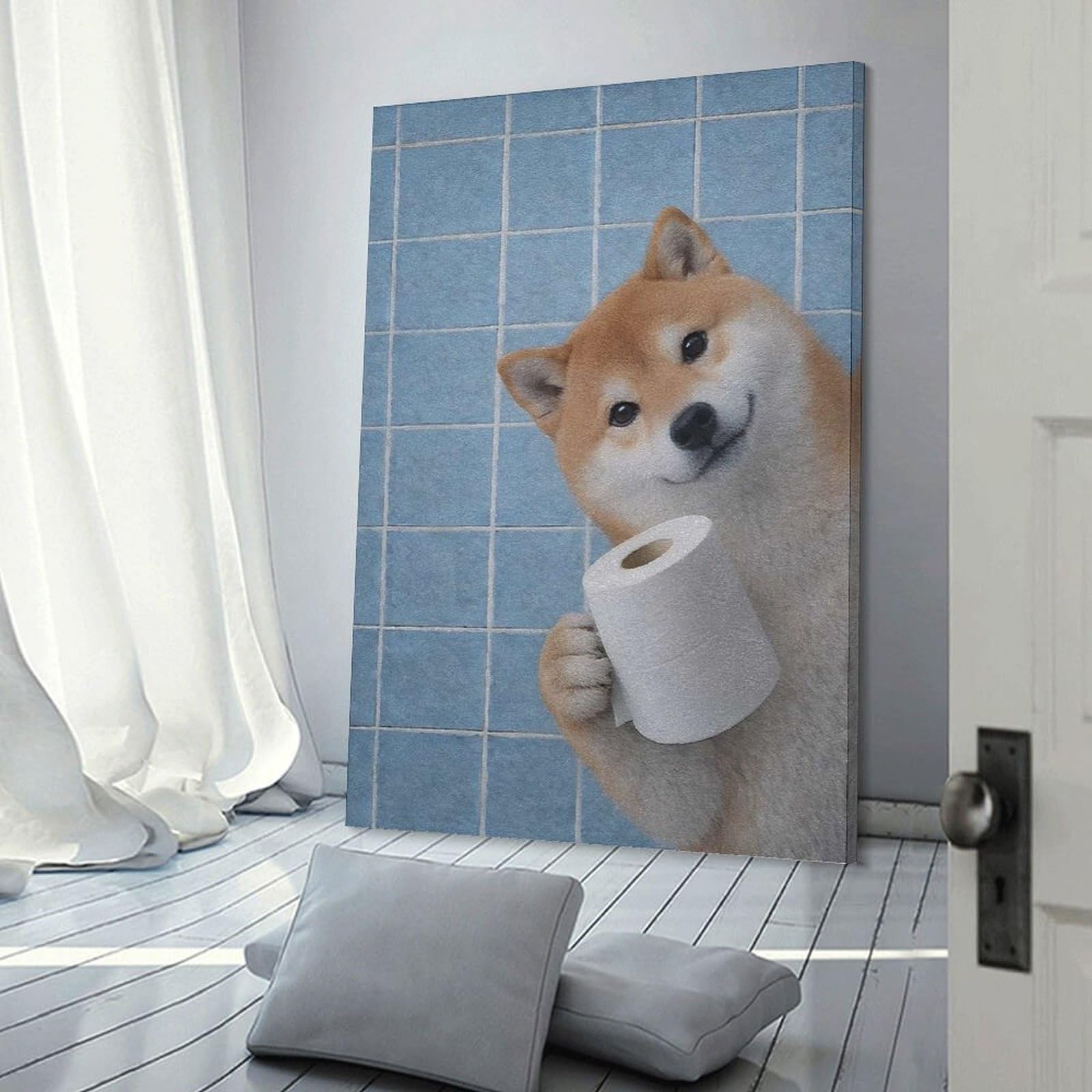 Junmoney Frame-Style-14 Canvas Wall Art Shiba Inu With Toilet Paper Poster, Picture, Metal Print, Paint By Kagezami, 24X36inch(60X90cm), For New Homes, Bedrooms Or Workspaces, Canvas Artwork With Gifting Potential