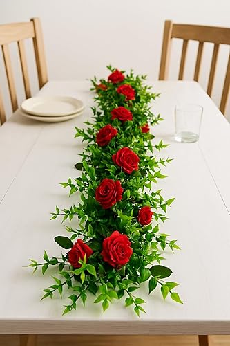 Miniatura 3 de Flower Garland with Roses & Green Boxwood Leaves for Wedding Reception Tables, Indoor or Outdoor Parties