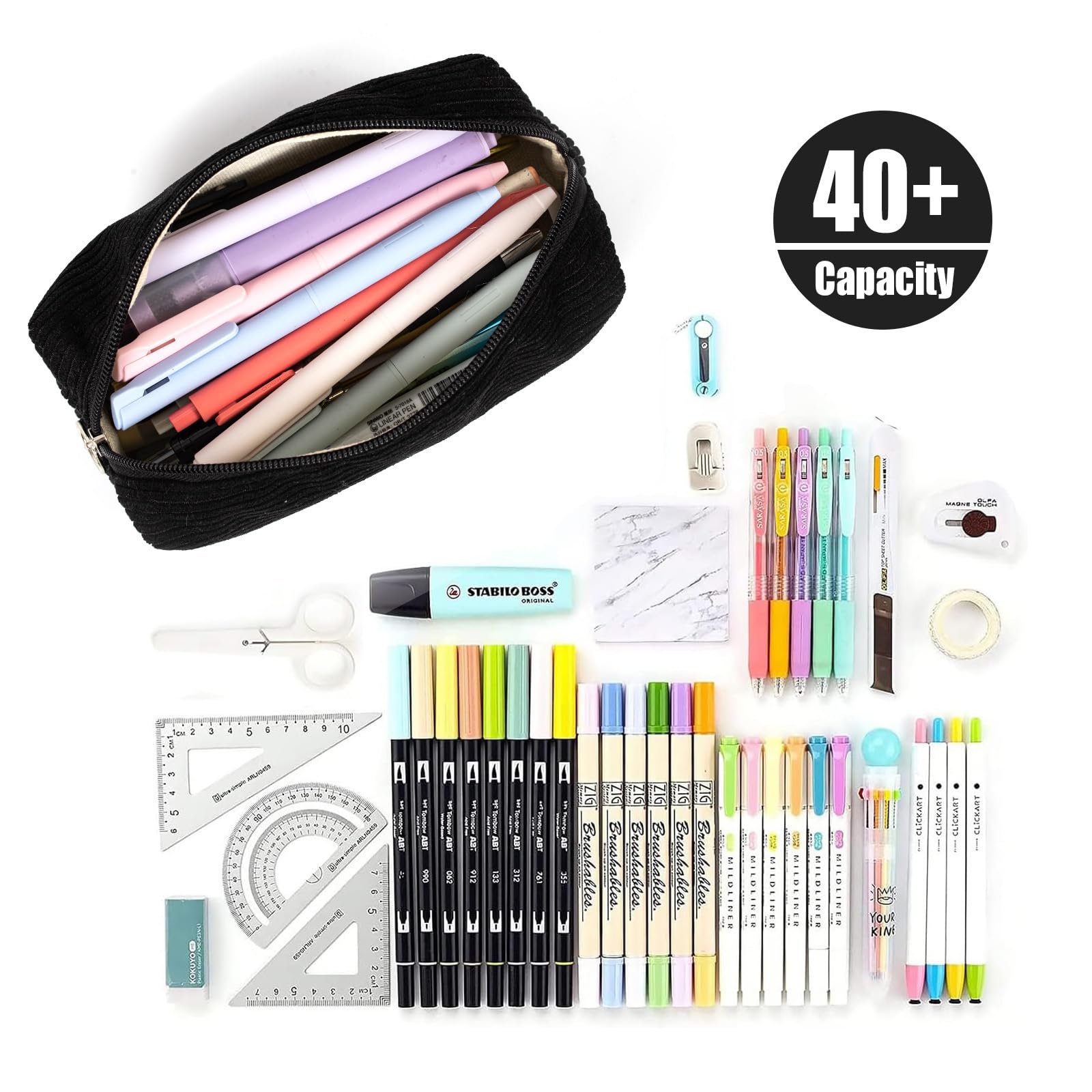 Zouwel Trousse Scolaire Kawaii Etui à Crayons Junior Velours Côtelé Noir
