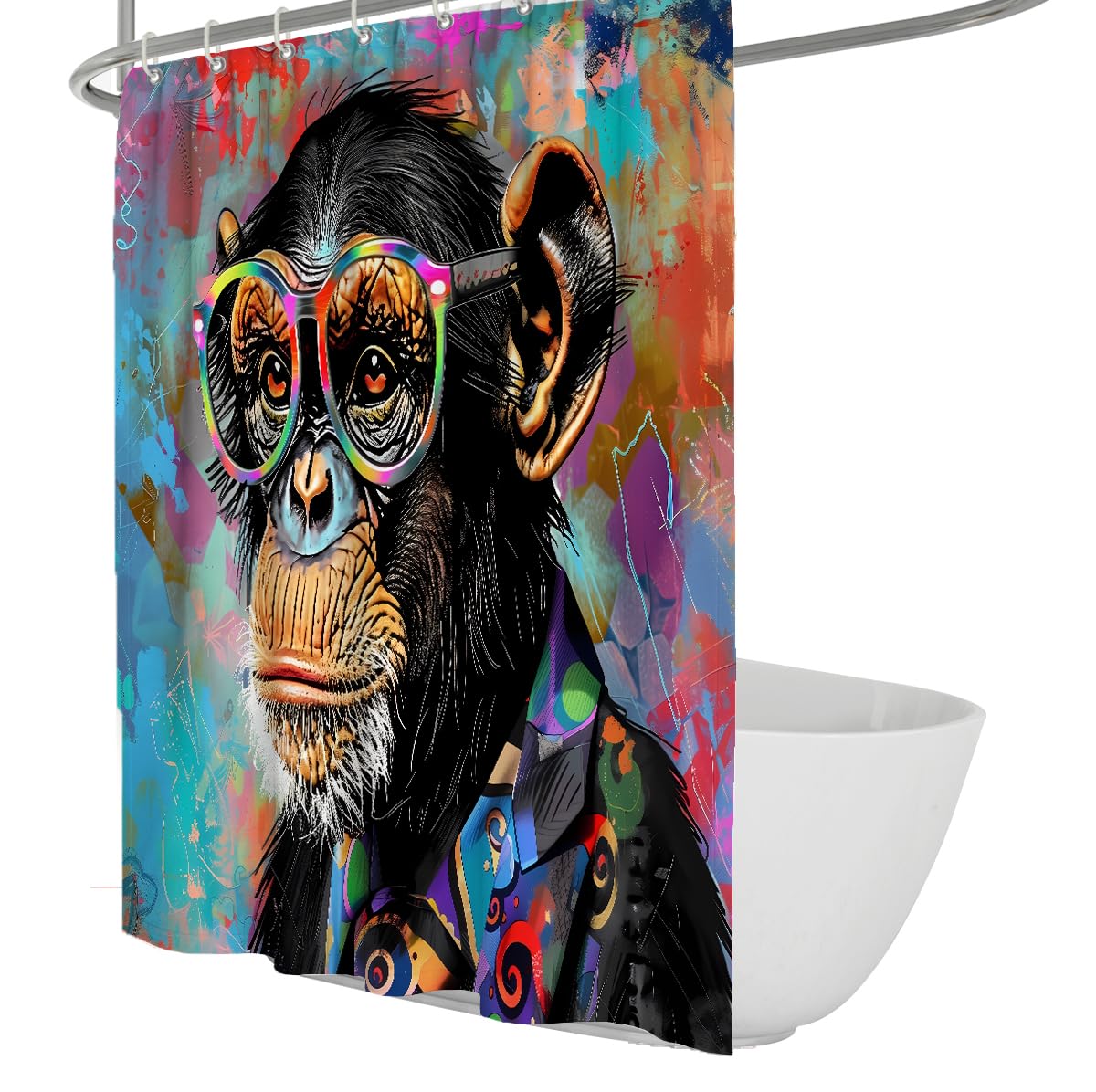 Lustiger Affen-Duschvorhang Mit bunten Brillen Cooler Tier-Duschvorhang mit Haken Wasserdichter Stoff Schnell trocknender Badezimmerdekor 200 x 220 cm