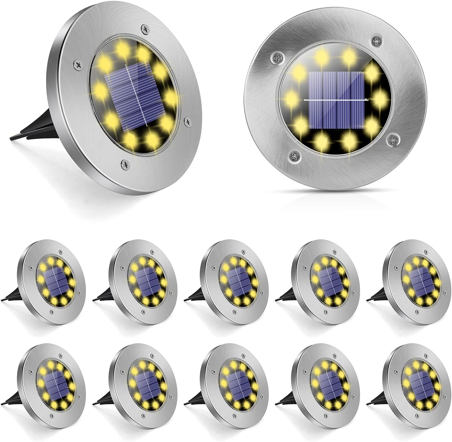 Solar Ground Lights, 12 Packs 10 LED Solar Garden Lights Waterproof In-Ground Outdoor Landscape Lighting for Patio Pathway Lawn Yard Deck Driveway Walkway Disk Lights - Warm White