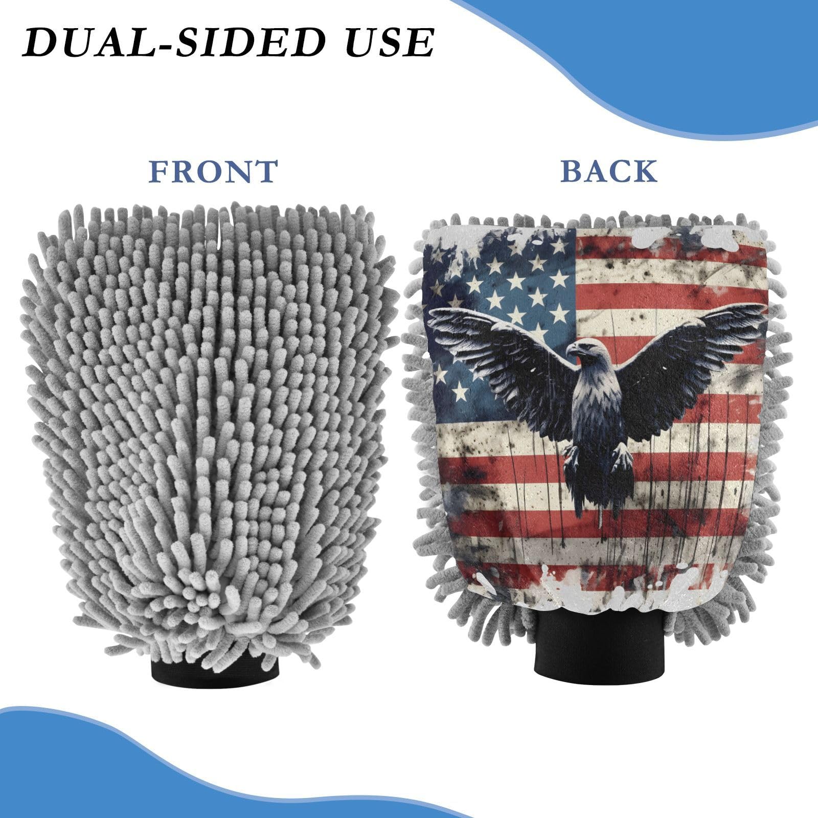 ALAZA American Flag Eagle Car Wash Mitt Scratch Free, 2 Pack Absorbent Microfiber/Chenille Washing & Drying Mitts, L