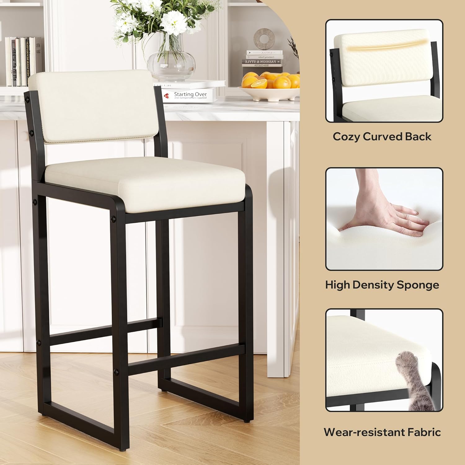 Bar Stools Set of 3, Fabric Counter Height Bar Stools with High Back and Metal Legs, Upholstered Bar Chairs, 26" Modern Barstools for Kitchen Island, Beige