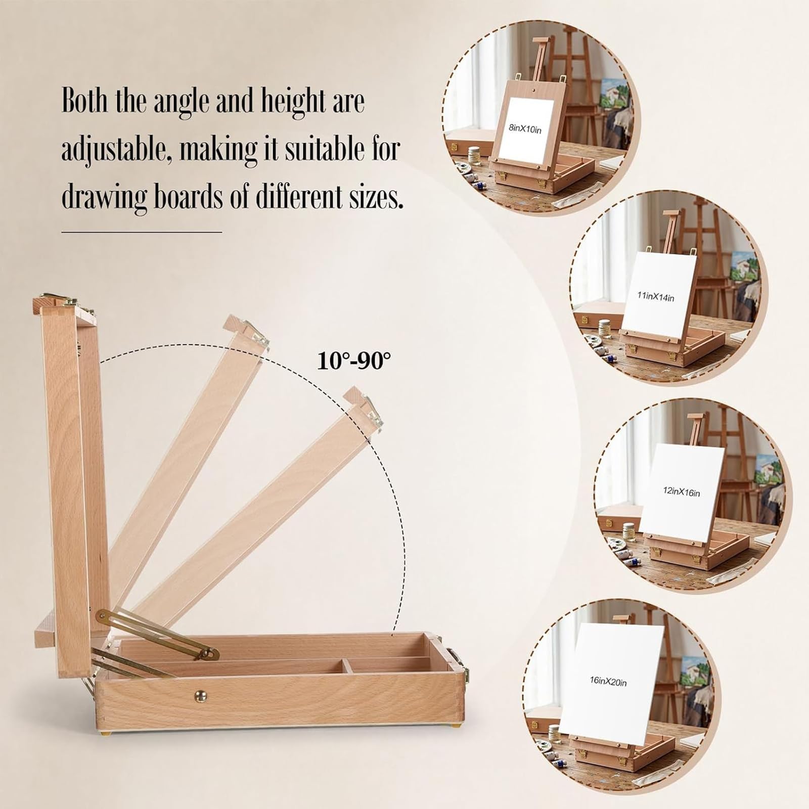 Holz Skizzenkasten, Kunstständer, tragbares Tisch Malset mit verstellbarer Leinwandstütze, geteiltem Stauraum, 2 transparenten Paletten und 3 Pinseln, Desktop Malkasten, faltbarer Kunstständer,