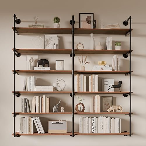 Miniatura 8 de Estante industrial de tubo de hierro de 5 niveles, estantería de tubo de 48 pulgadas con tablón de madera maciza, estantes abiertos para libros,