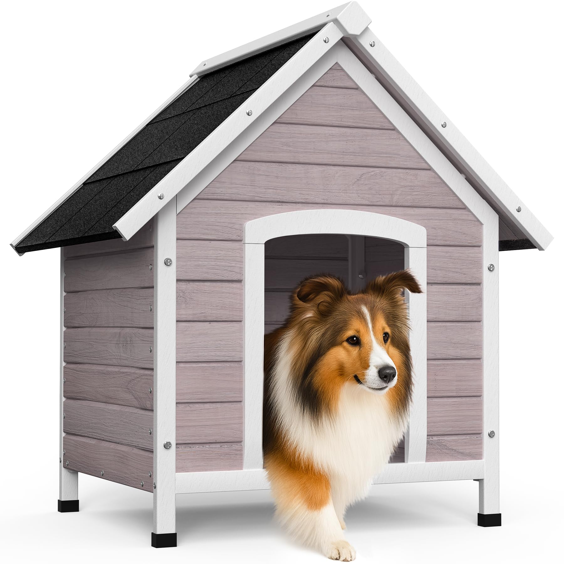 VOUNOT® Caseta para Perros Exterior con Techo Asfáltico y Pies Antideslizantes Casa para Perros Mascotas Perrera de Madera Impermeable Base Extraíble Refugio Canino Perruno 72x65x83 cm, Gris