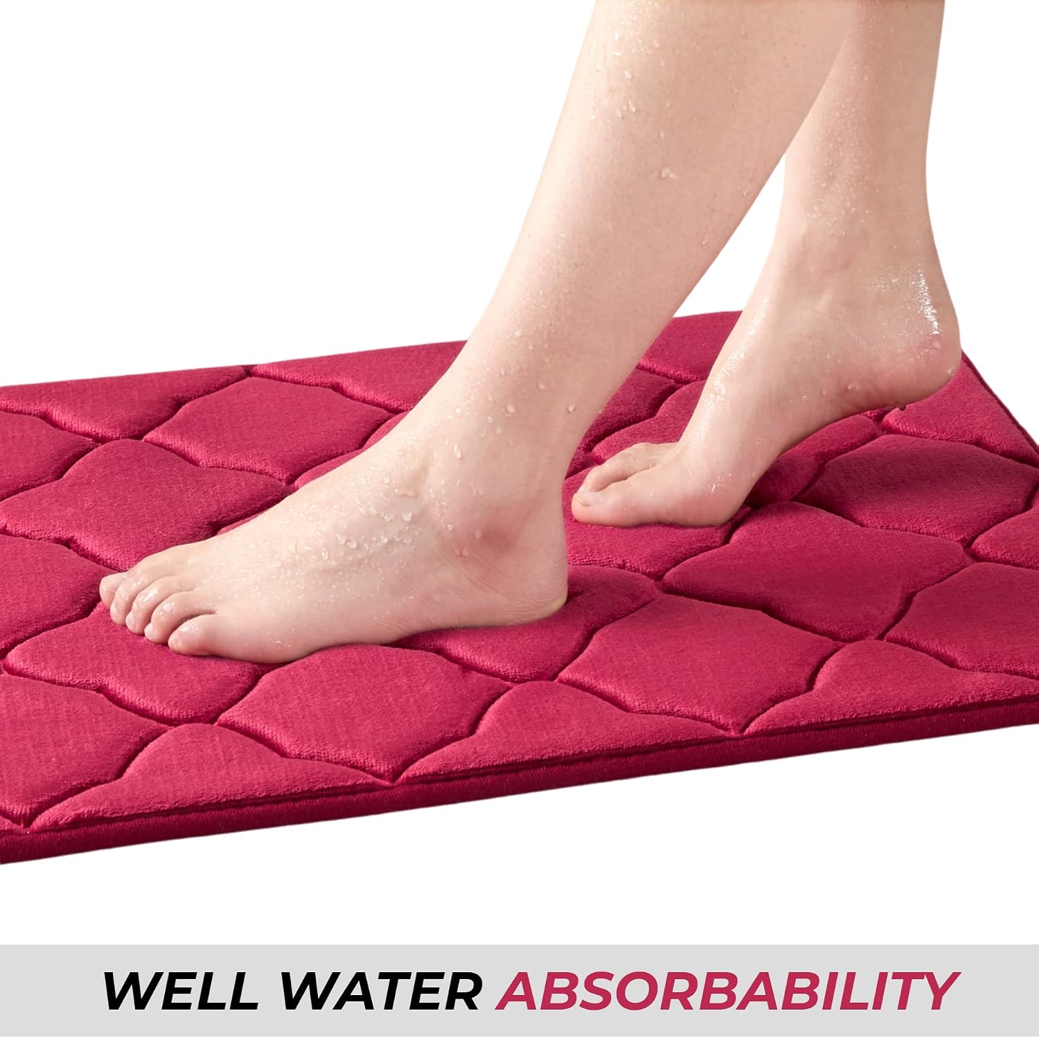 Yafa Home Fashion 2 Piece Geometric Design Embossed Solid Color Memory Foam Soft Bathroom Rug Set Non-Slip PVC Backing (Burgundy, 2 Piece:20" X 20" + 20"X 32")
