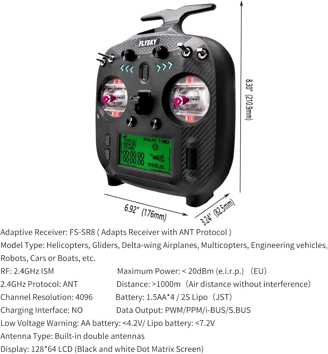 Flysky FS-ST8 Transmitter Controller with dimensions and key specifications.
