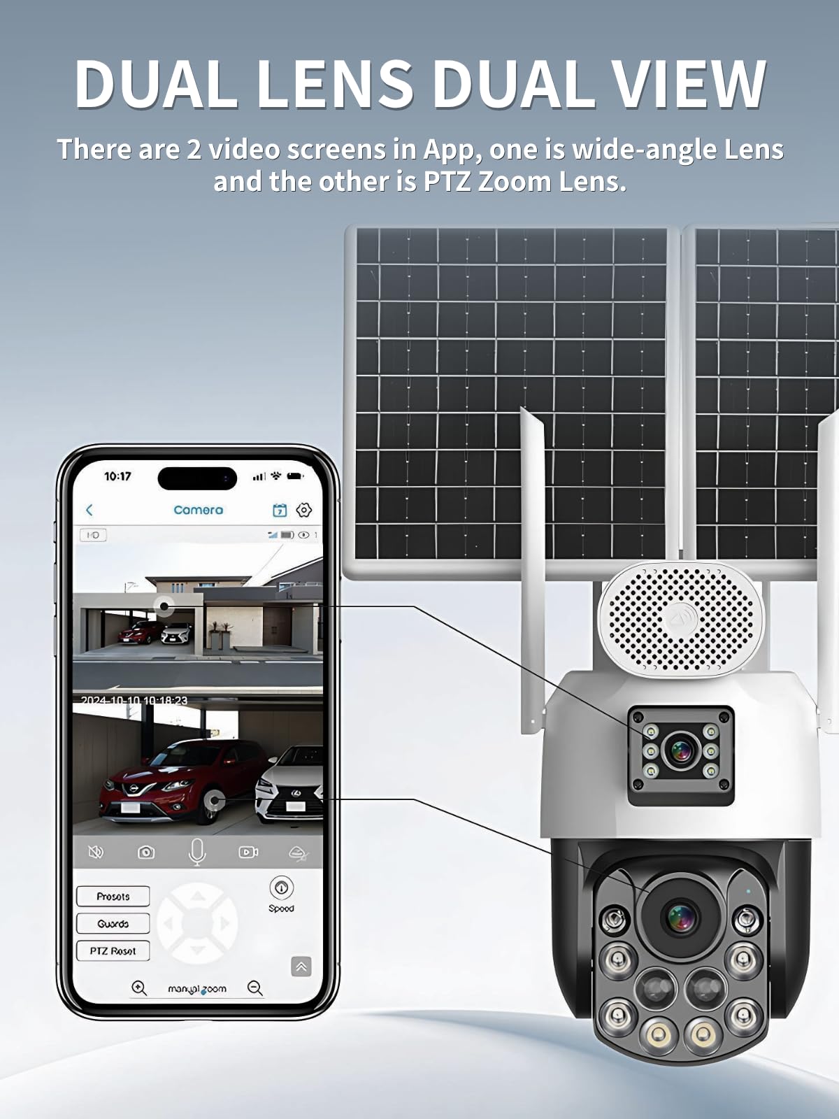 Telecamera di sicurezza wireless per esterni, 4G Solar IP66 impermeabile, rilevamento del movimento, doppia fotocamera HD da 6 MP, panoramica e inclinabile, zoom 36x, include scheda SD da 64 GB