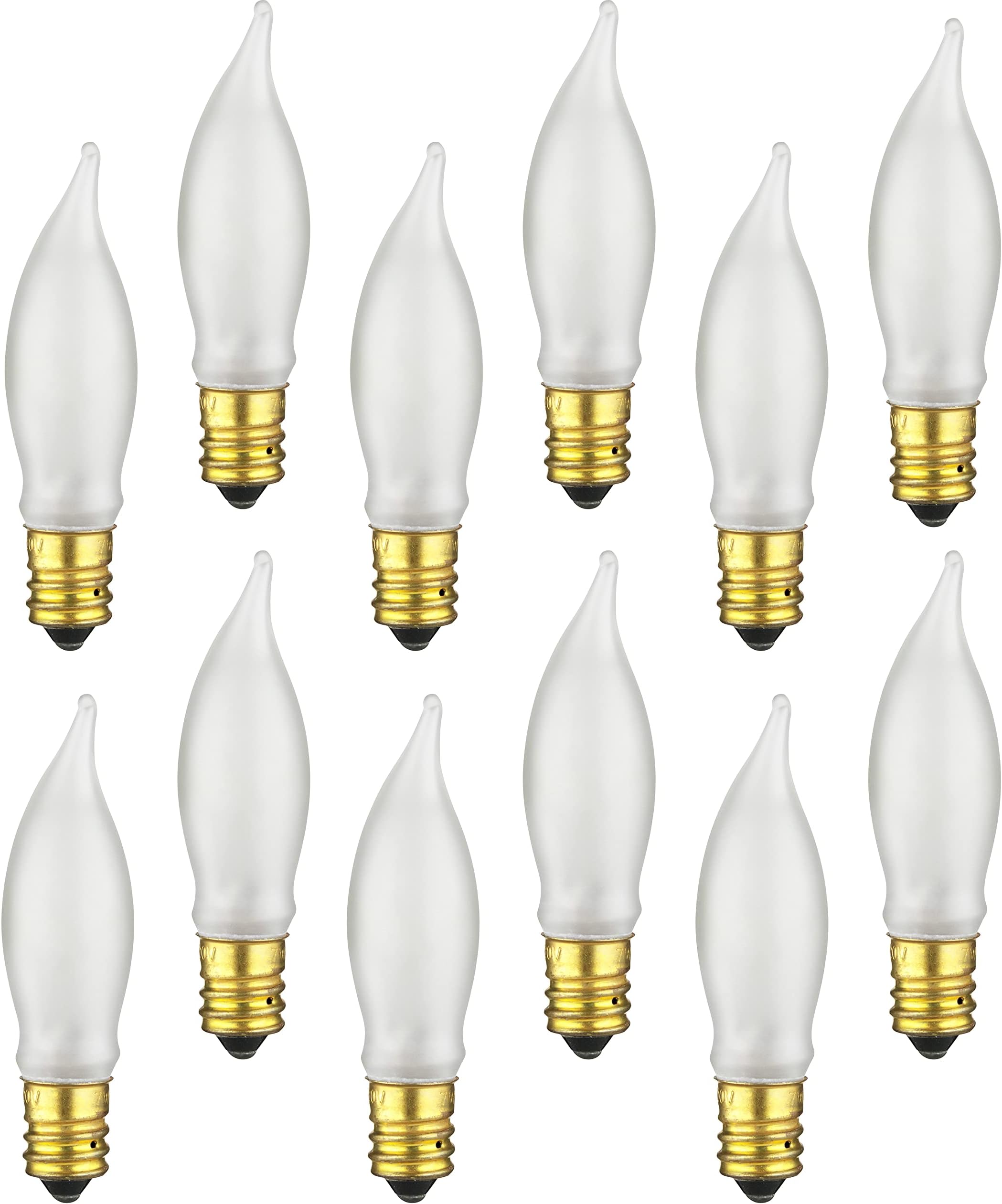 40003 CA5 Petite Chandelier CFF Incandescent Light Bulb, 7.5 Watts, 37 Lumens, 120 Volts, Dimmable, Candelabra E12 Base, Frosted, Flame Tip, 2600K Warm White, 12 Pack