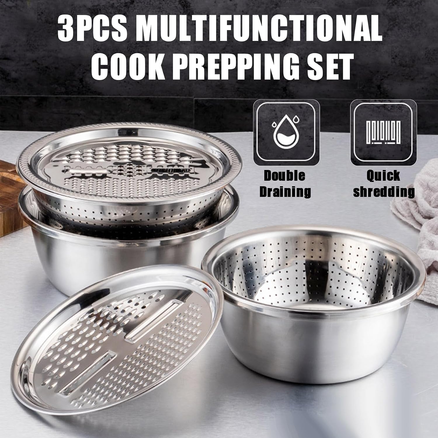 Multifunctional Stainless Steel Basin,Multi Stainless Steel Basin with Grater Vegetable Cutter Slicer Grater Strainer Drain Basket Salad Maker Bowl Colanders for Salad Maker image 5