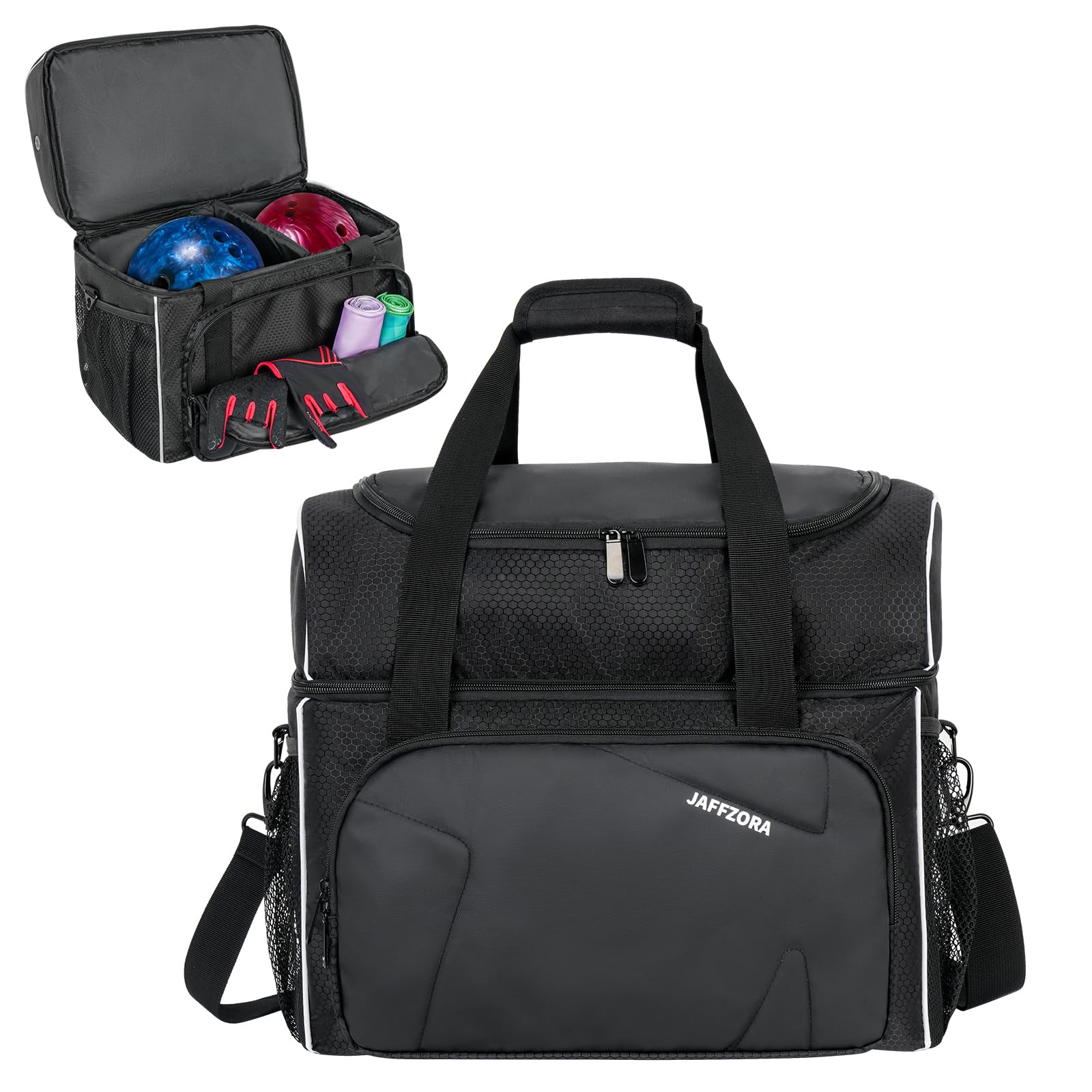 Jaffzora Bowling Ball Bag, 2 Balls Bowling Bag with Ball Holder, Fits a Single Pair of Bowling Shoes Up to Size 16 for Men