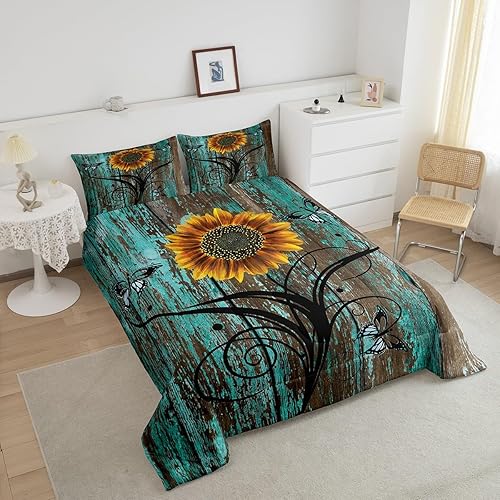Miniatura 3 de Erosebridal Juego de edredón turquesa con puerta de granero, tamaño Queen, juego de edredón de girasol grunge, rústico, granja, mariposa, edredón