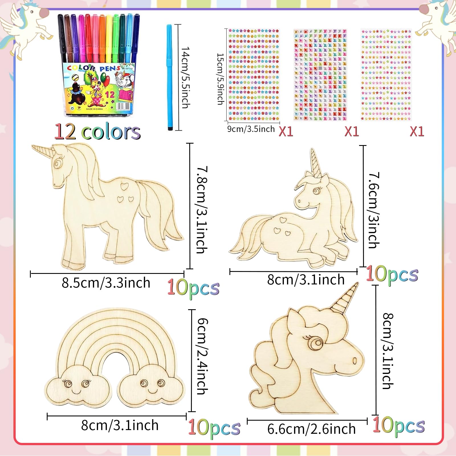 Kit 6 Licornes 3D En Bois à Colorier + 12 Feutres Aquarelle - Activité Manuelle DIY Enfants Fête Anniversaire Licorne Créative