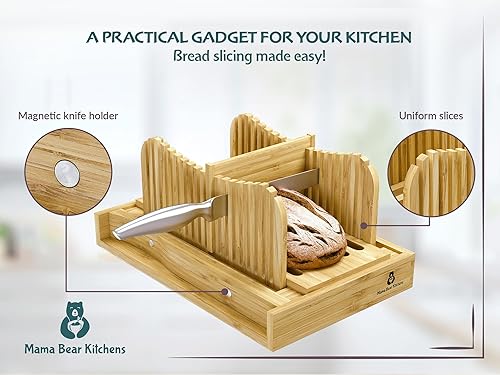 Miniatura 3 de Mama Bear Kitchens - Cortador de pan  Construcción de bambú de calidad con cuchillo incluido  Grosor de pan ajustable para cortar fácilmente varios