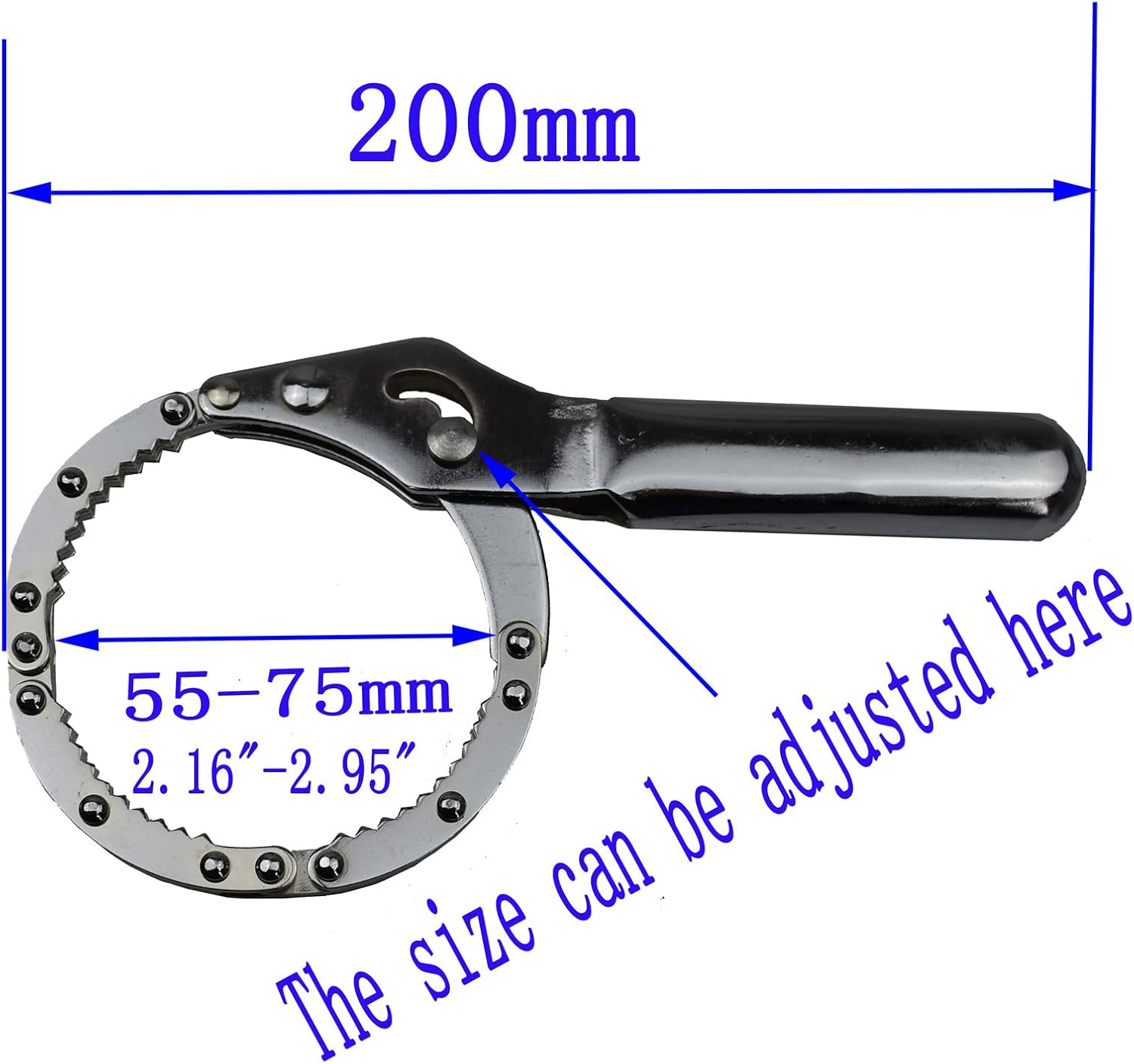 Oil Filter Wrench, Adjustable Filter Removal Wrench, Suitable for filters with size 55-75mm/2.16"-2.95"，The short handle is perfect for narrow spaces，For Engine Filters of Auto (55-75mm)