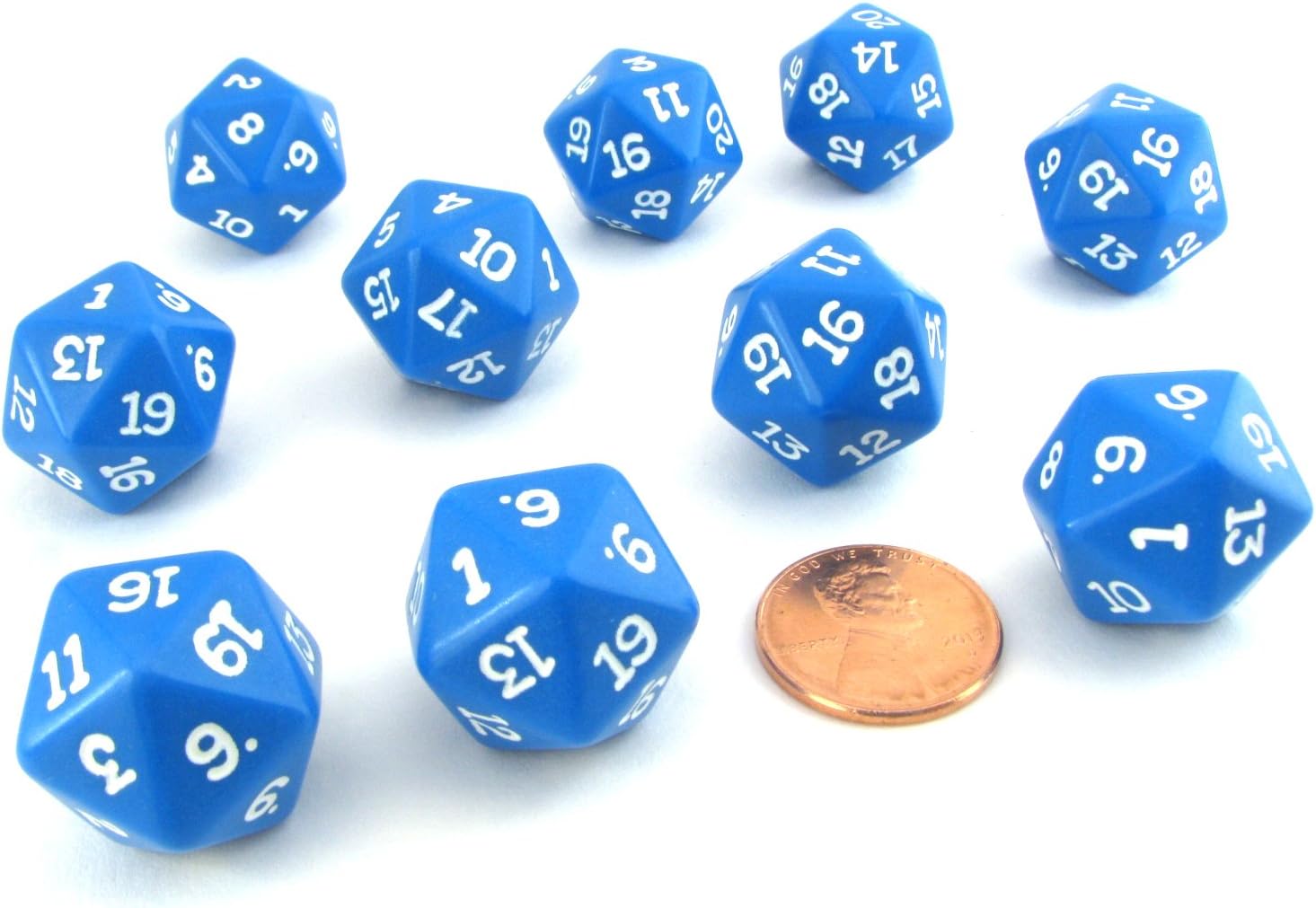 Set of 10 Twenty Sided 19mm D20 Opaque RPG Dice - Blue with White Numbers Die