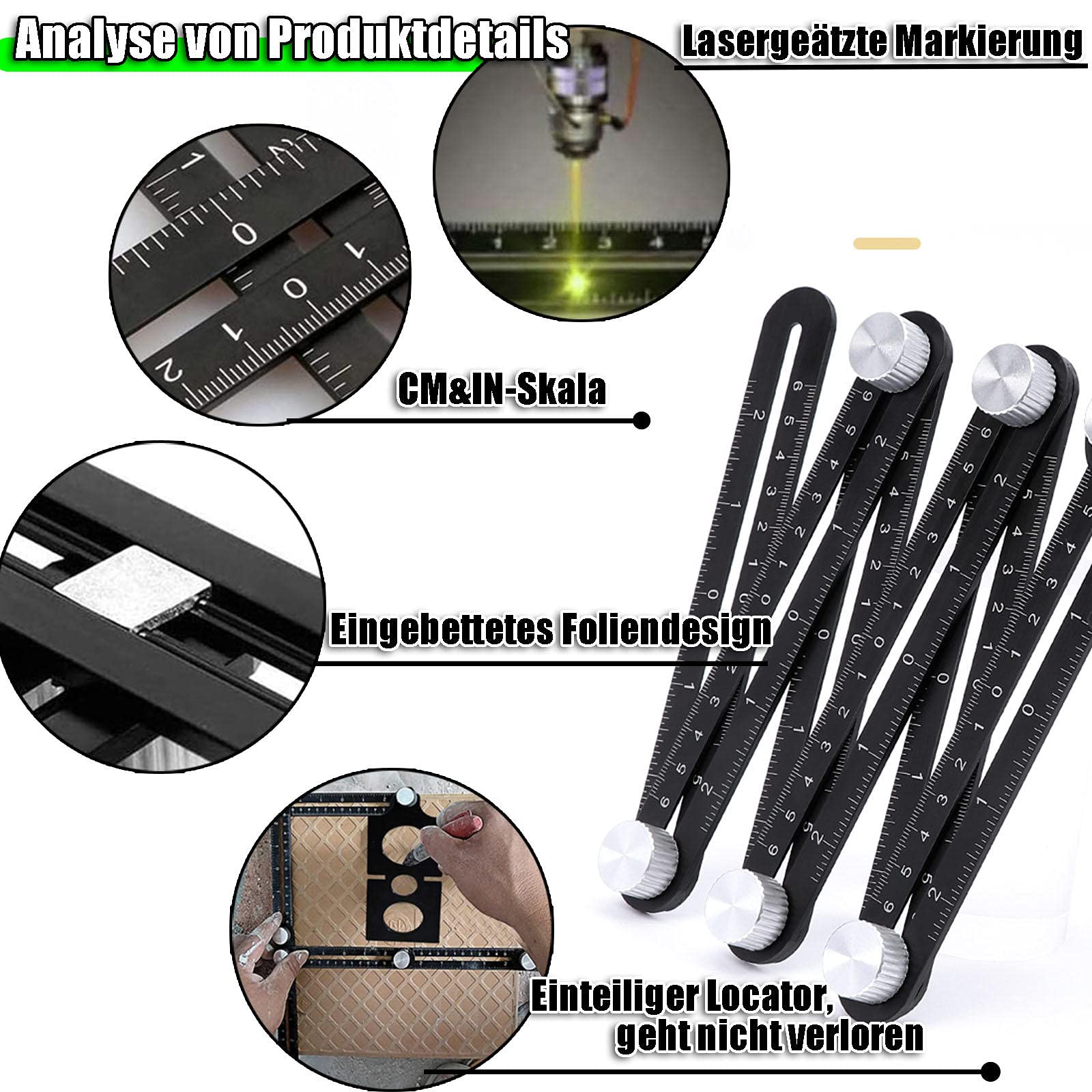 Outil de Template - Gabarit d'angle - Règle de mesure multi-angle - En alliage d'aluminium - 12 côtés - Outil de tuiles avec trou - Noir