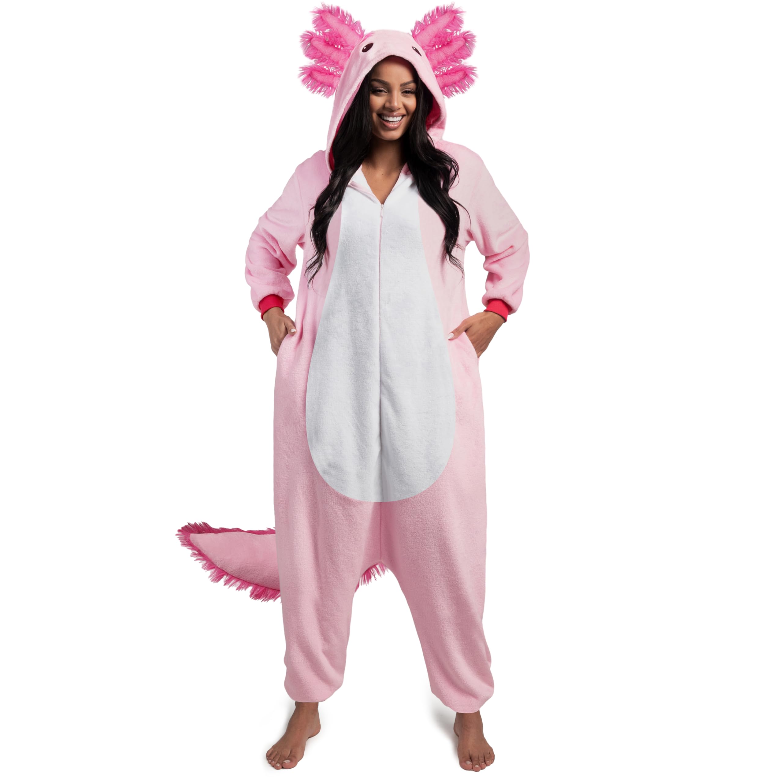 Spooktacular Creations Unisex Adult Axolotl Pajama Plush Costume with Hat Tail for Dress Up Themed Parties Halloween Costume
