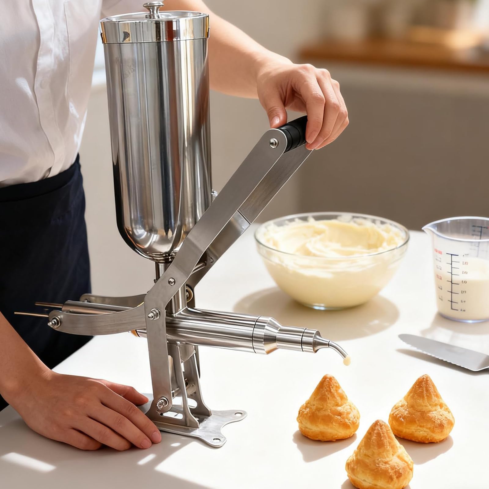 Diese manuelle Churros-Füllmaschine aus Edelstahl eignet Sich für lateinamerikanische Früchte- und Vertikal-Donuts und ist aus Edelstahl 304 gefertigt. Sie verfügt über eine gebürstete Hochg