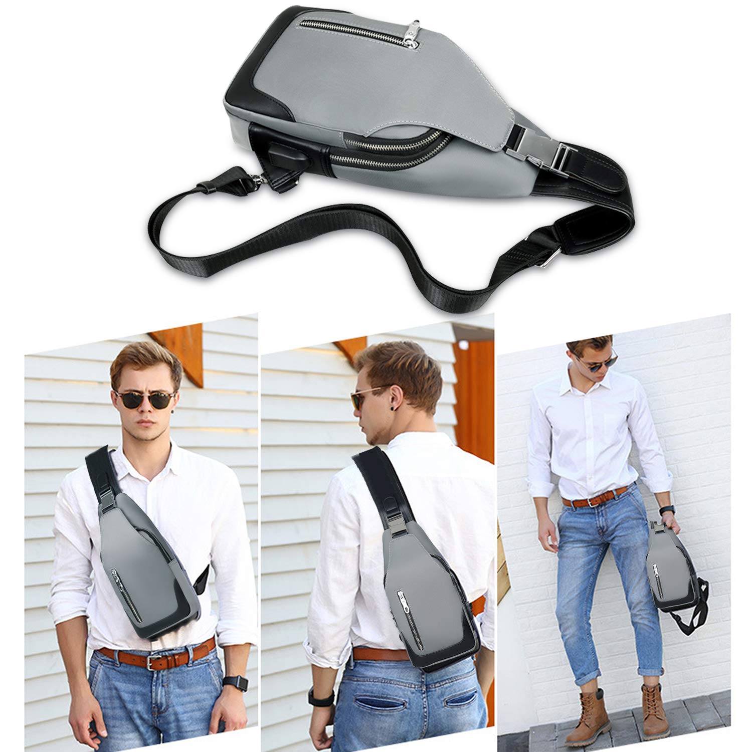 FANDARE Nuovo Monospalla Uomo Zaino Monospalla Borsello da Uomo con USB Borsa a Tracolla Borsa Sportiva Sling Bag,Treeking/Ciclismo/Viggio