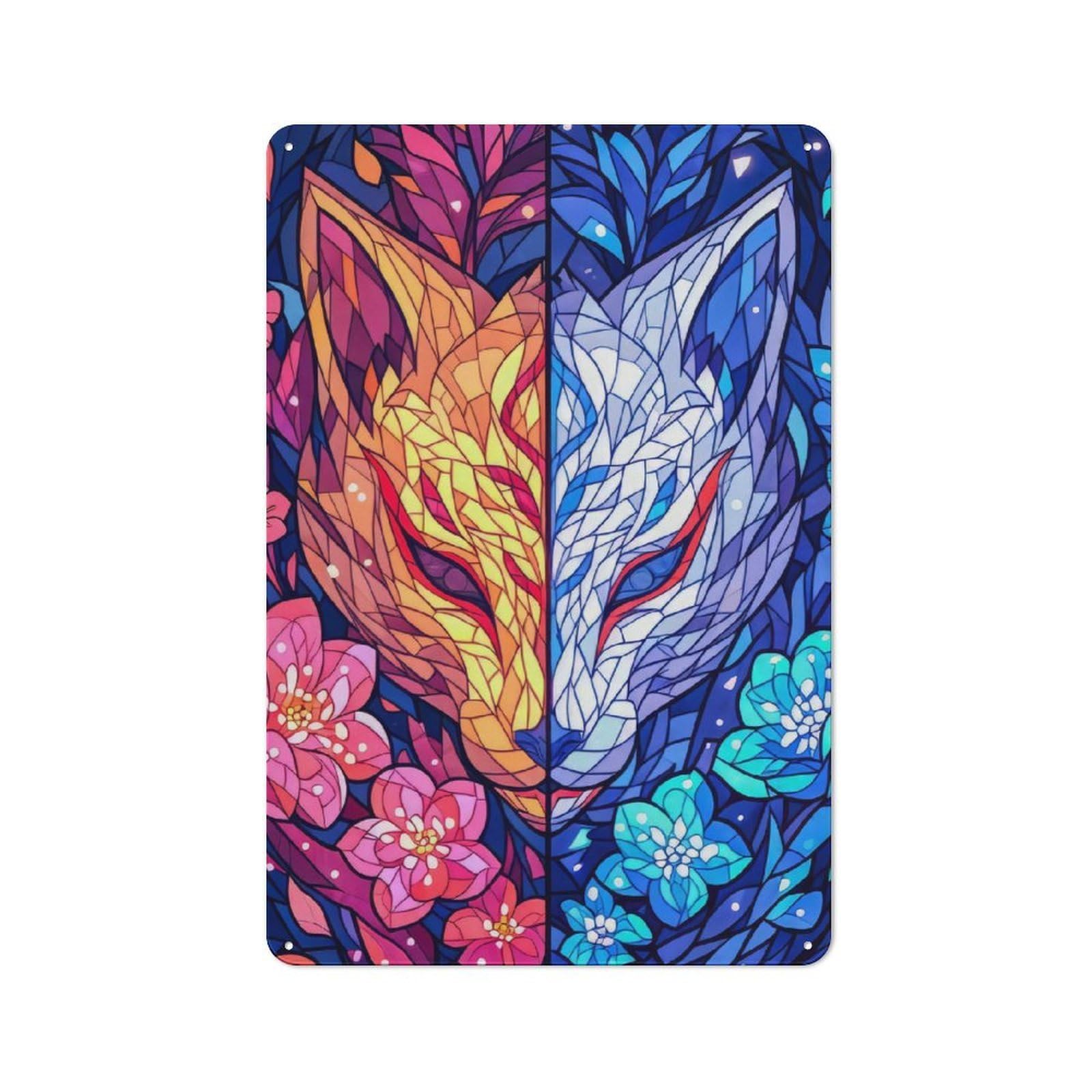 Junmoney Style-16 Vintage Tin Sign 30X20cm With Dual Kitsune For Garage Or Workshop, For Metal Sign Collectors, For Cafés, Pubs And Restaurants