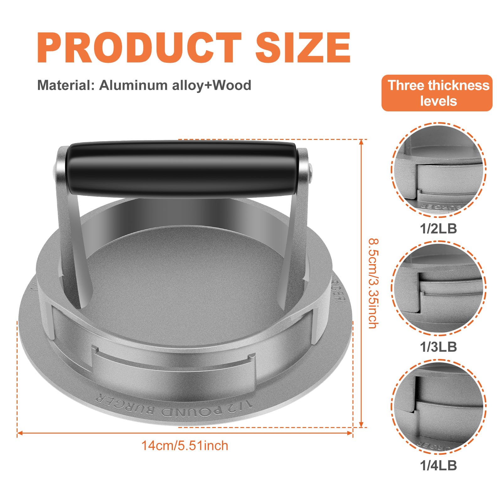 Hamburger Press Patty Maker 5.5 Inch Round Burger Press Adjustable Thickness Hamburger Mold Press Burger Shaper Mold with Wooden Handle Reusable Meat Patty Maker for Home Kitchen