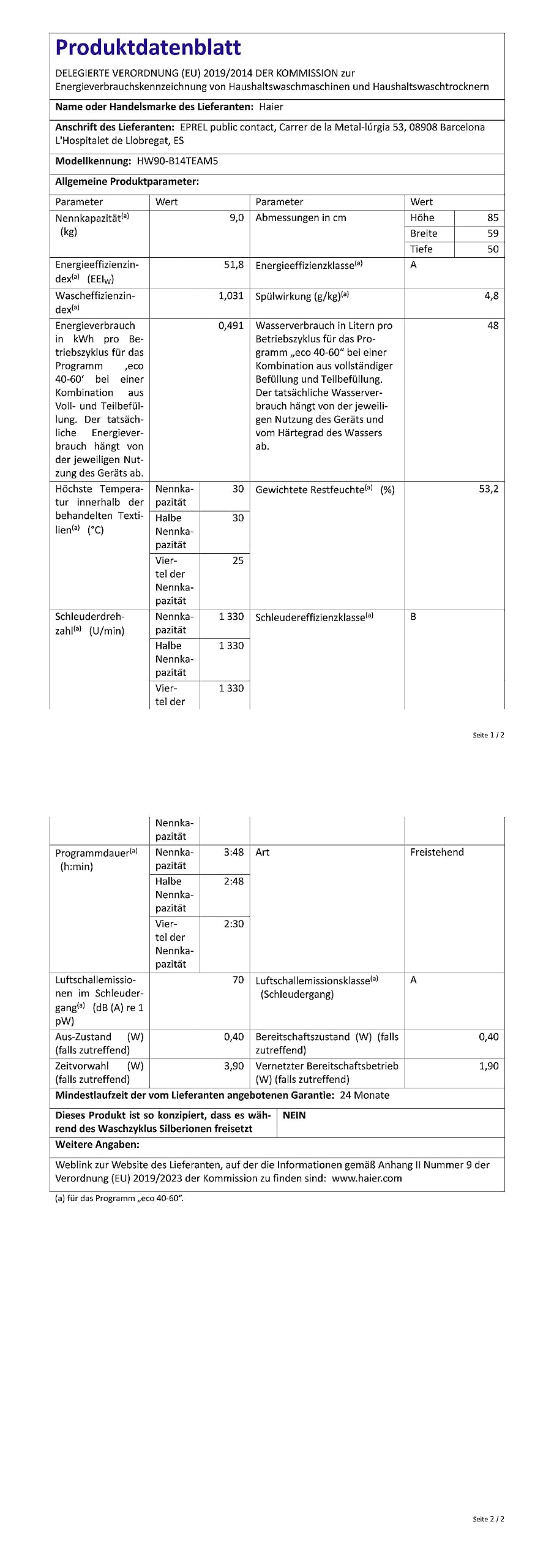 Haier I-PRO SERIE 5 HW90-B14TEAM5 Waschmaschine / 9 kg/A - beste ...