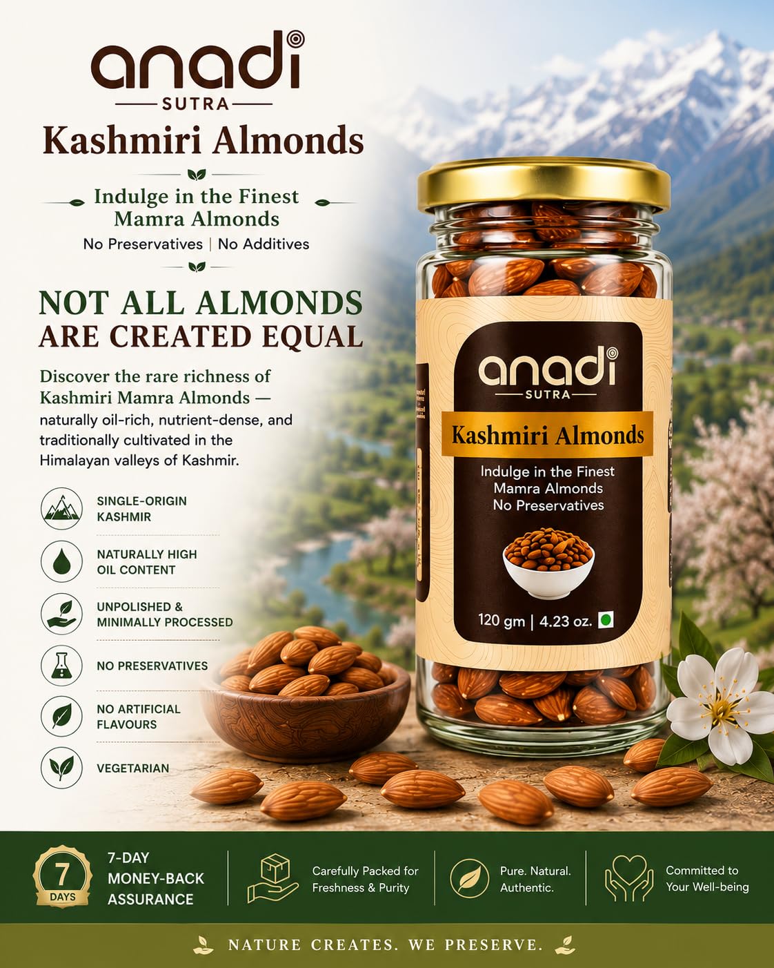 Anadi Sutra Kashmiri Mamra Almonds 120g | High Oil Content | More PUFA MUFA | Unpolished Badaam Giri | 100% Natural Crunchy Nuts & Dryfruits | Fresh As Just Harvested | Rich in Protein, Fiber | Natural Immunity Booster | Unpolished & Unprocessed