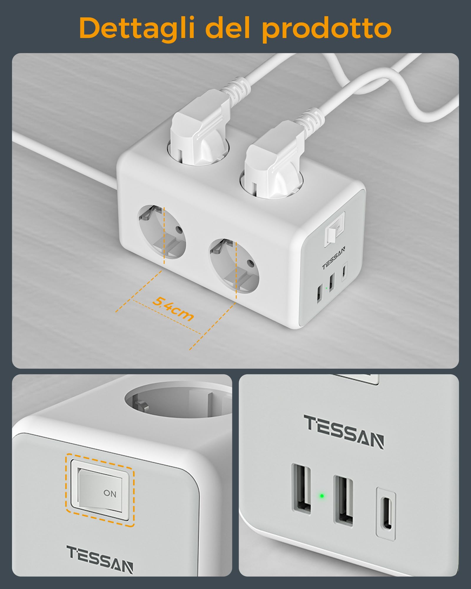 TESSAN Ciabatta Multipresa con USB C e 6 Prese, 9 in 1 Ciabatta Elettrica con Interruttore, 3600W Presa Multipla Cavo 2M, Multipresa da Scrivania per Casa e Ufficio