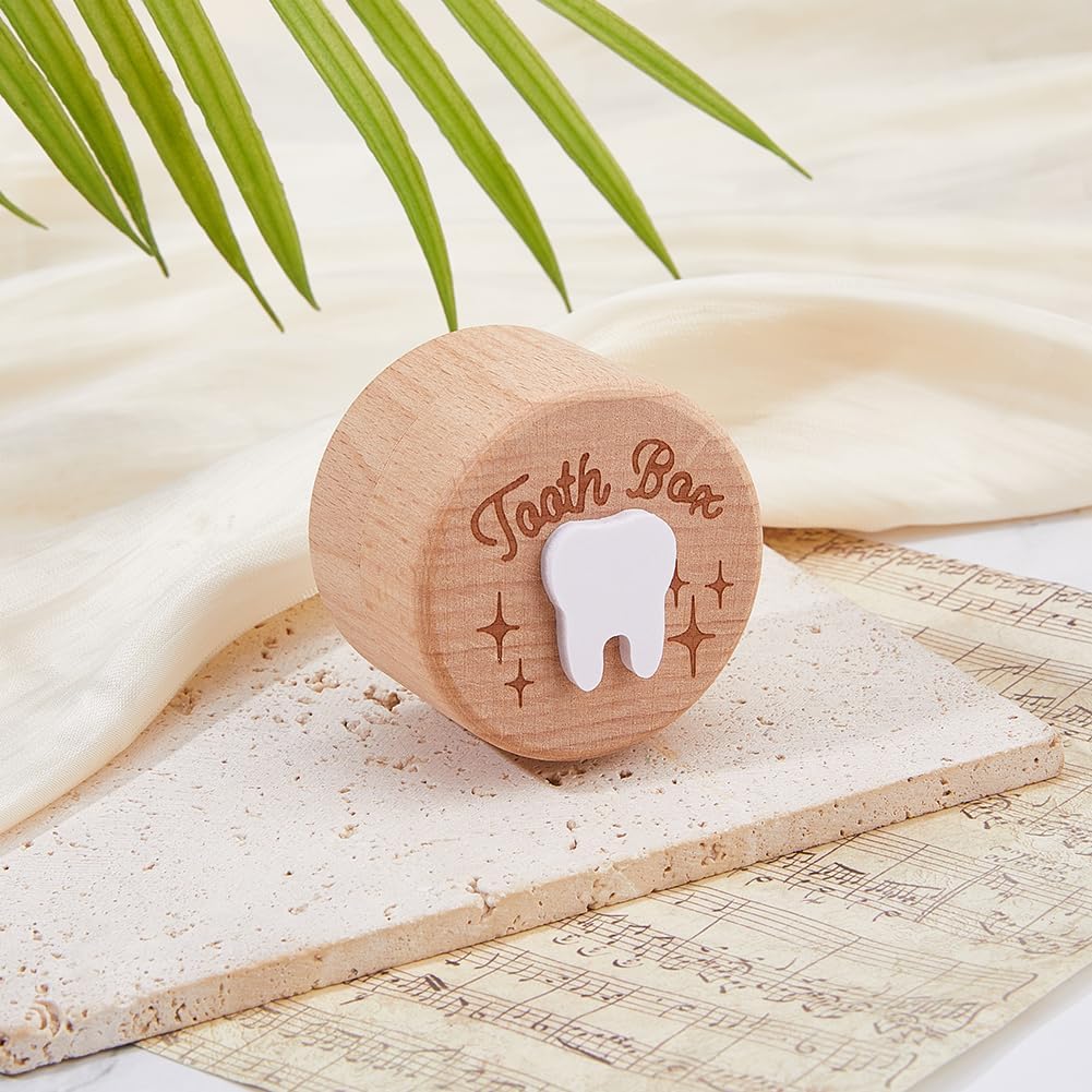 DICOSMETIC 1Pc Wooden Tooth Fairy Box 2x1.5 Inch Tooth Holder Round Adorable Teeth Keepsake Case Carved Star Teeth Fairy Storage Container for Birthday Shower Gift